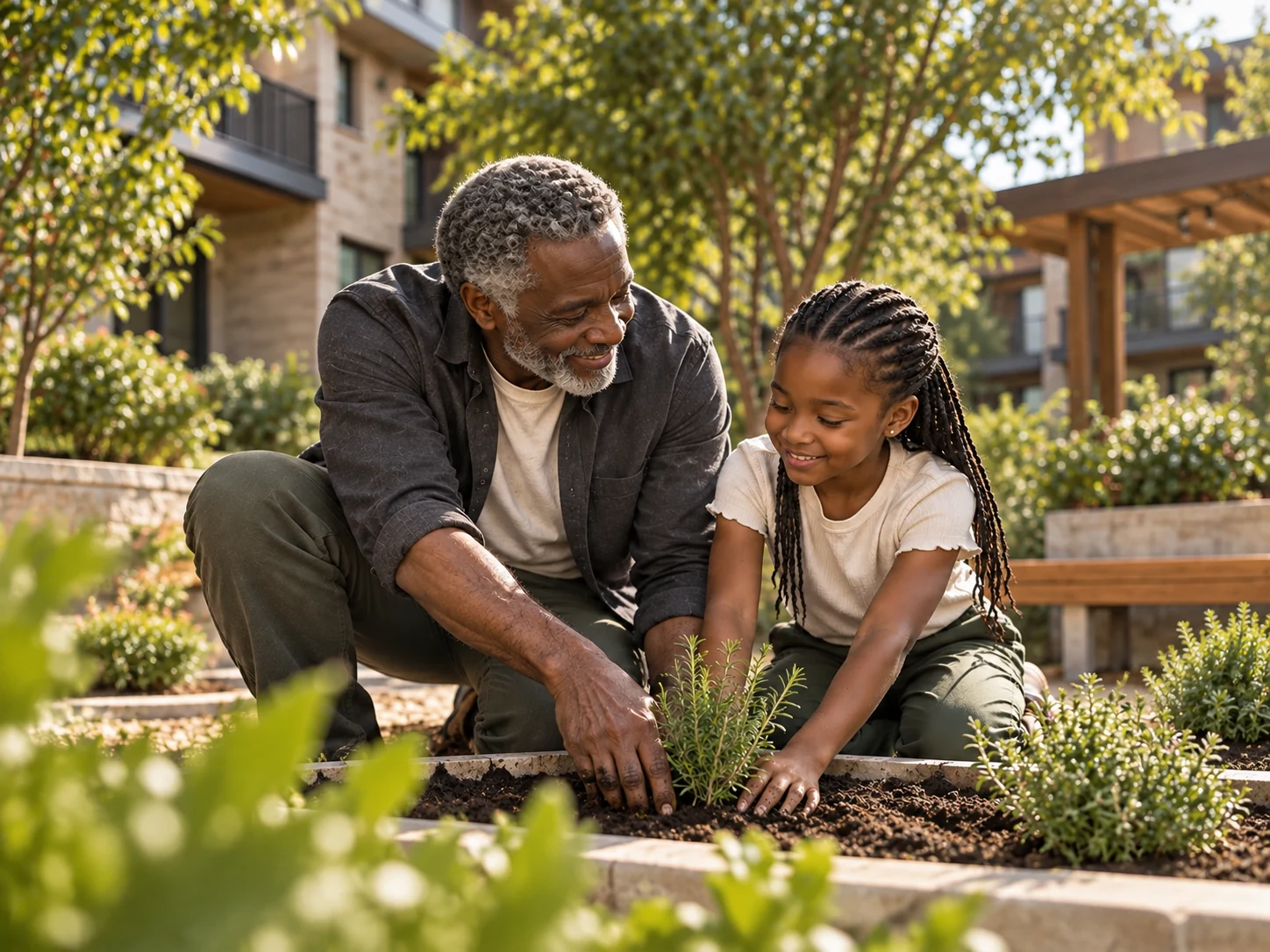 Different generations gardening together in a Park City neighbourhood