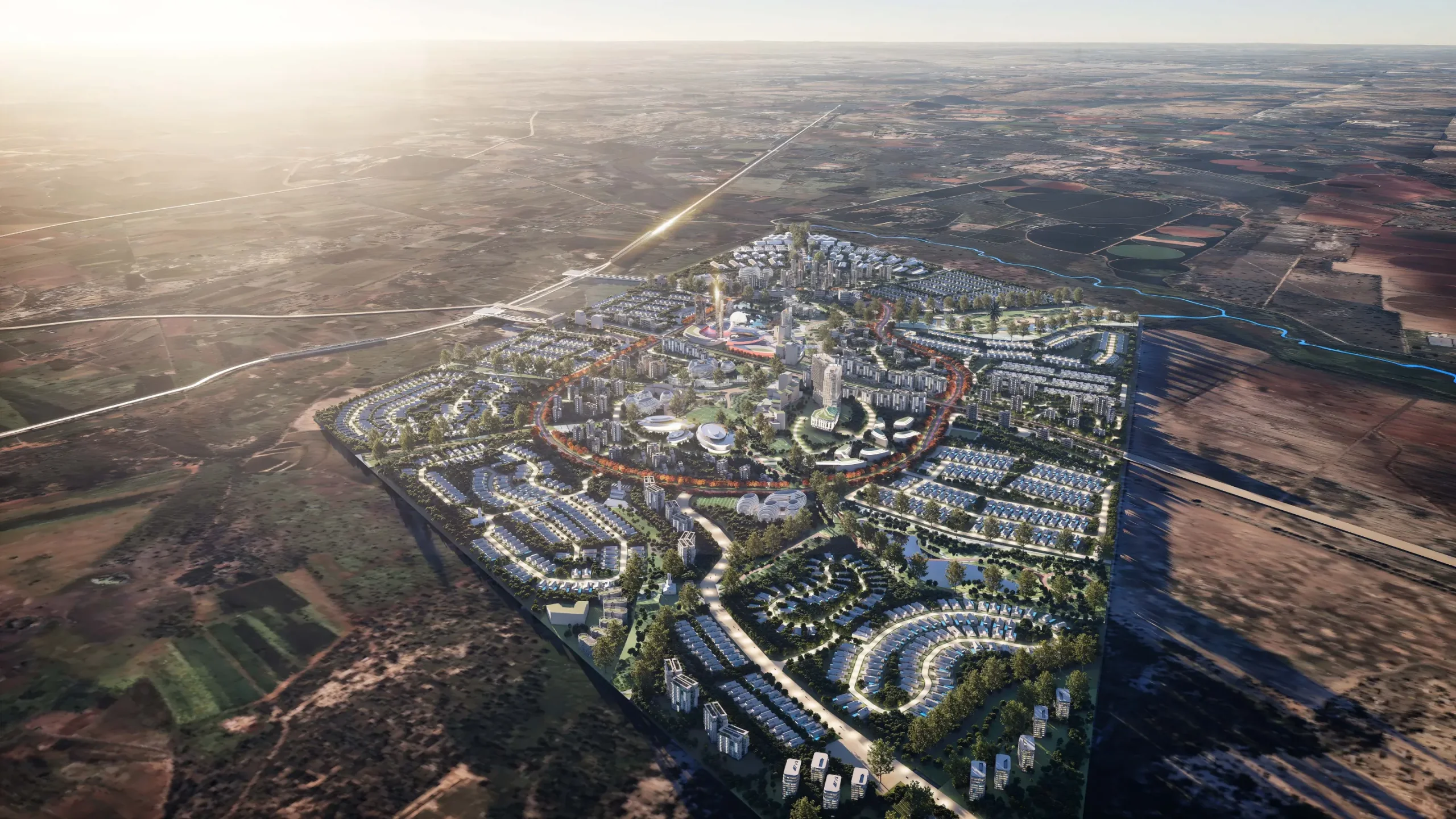 An aerial view of the Park City masterplan woven into the landscape