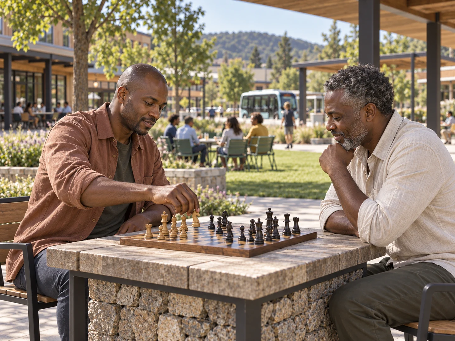 People gathering around seating and a pavilion beside Park City’s central green
