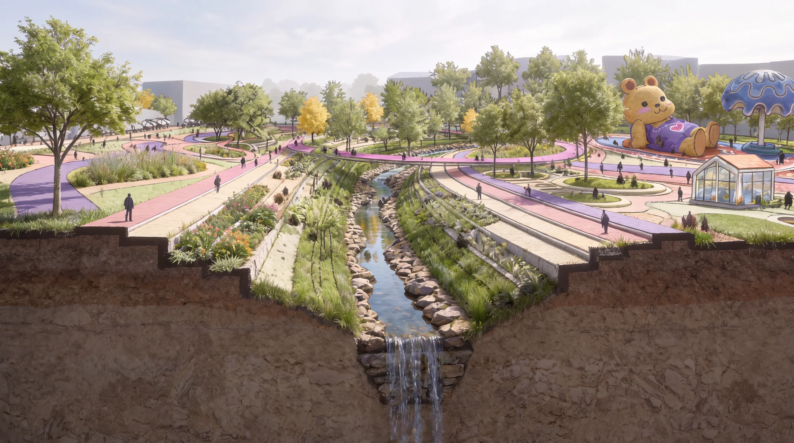 Aerial view of Park City’s civic park, bridges and landscaped waterways