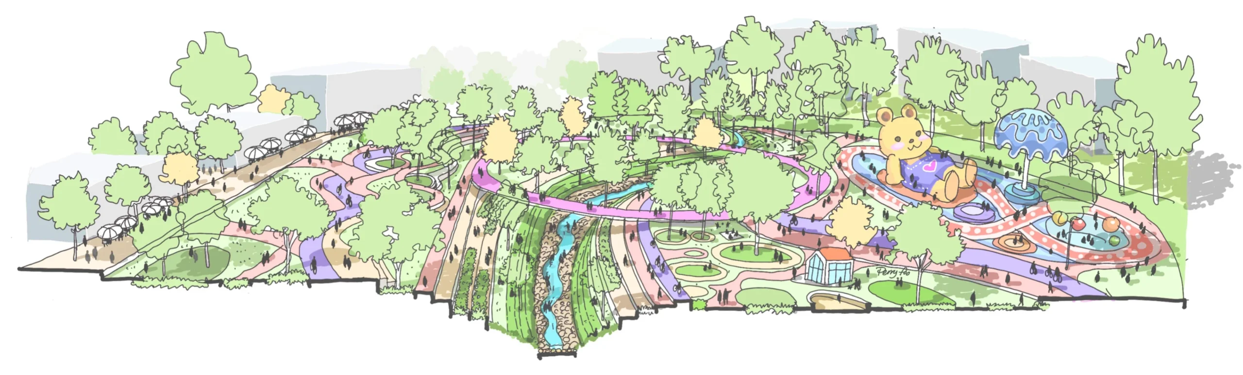 Concept sketch of a park with a stream, walking paths, play areas and open lawns