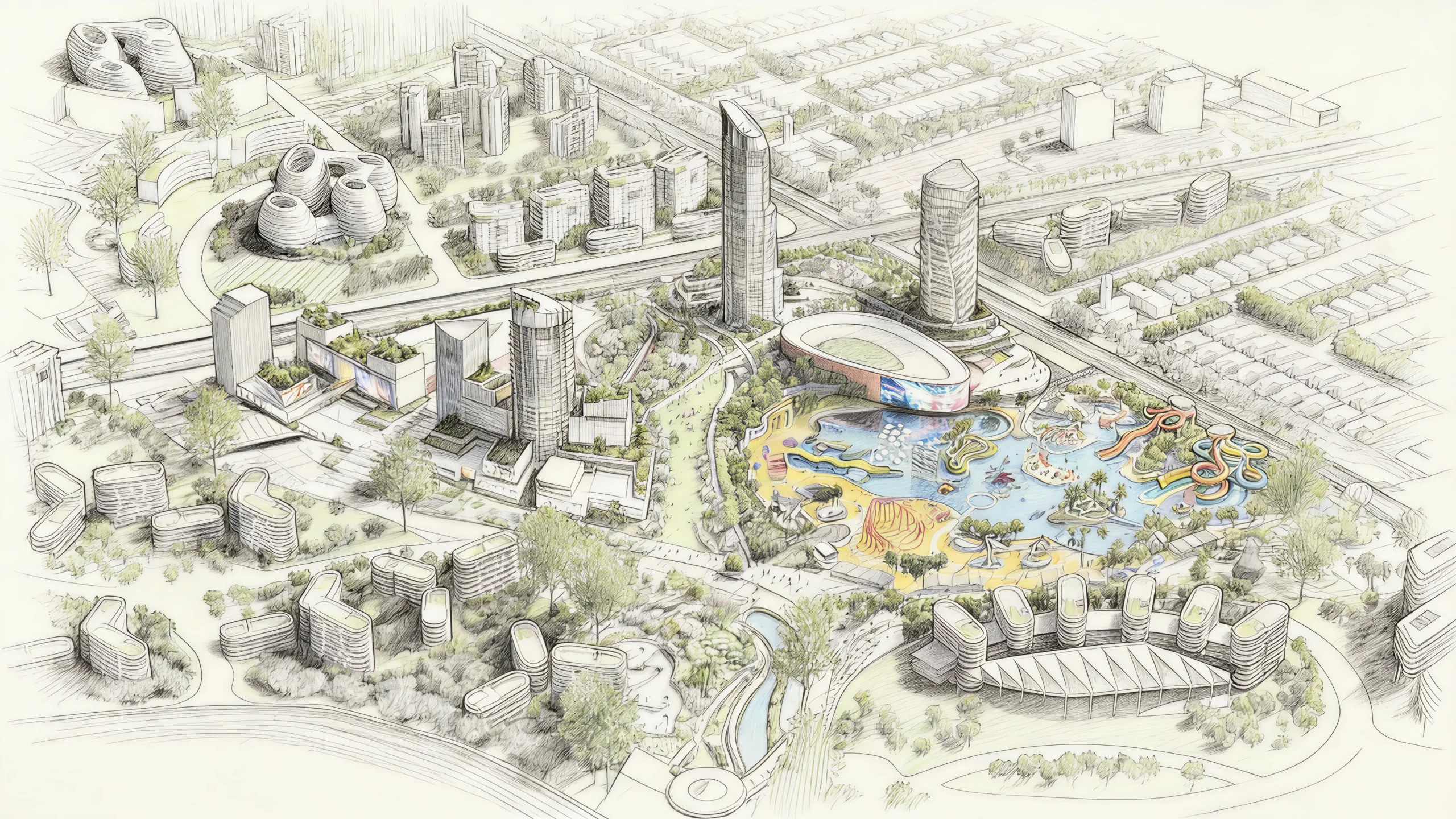 Aerial concept sketch of mixed-use buildings, streets and landscaped public spaces