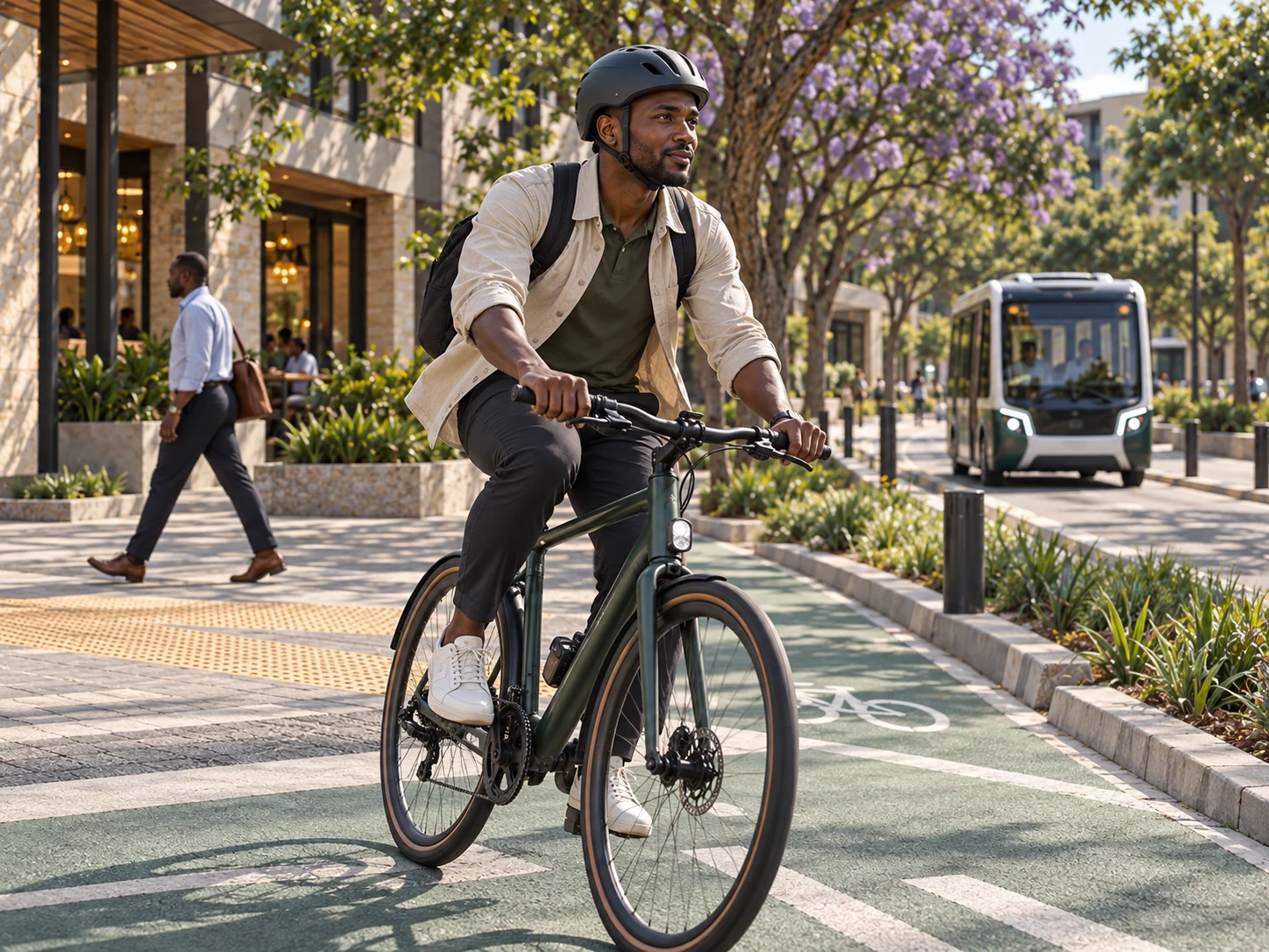 People walking and cycling beside public transport under flowering trees