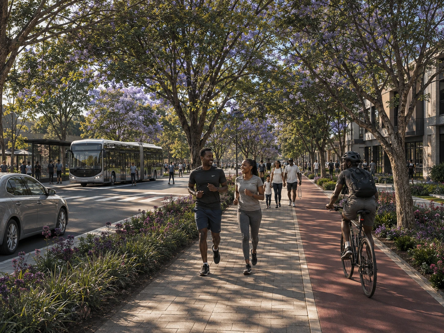 A tree-lined street with people jogging, walking and cycling alongside public transport