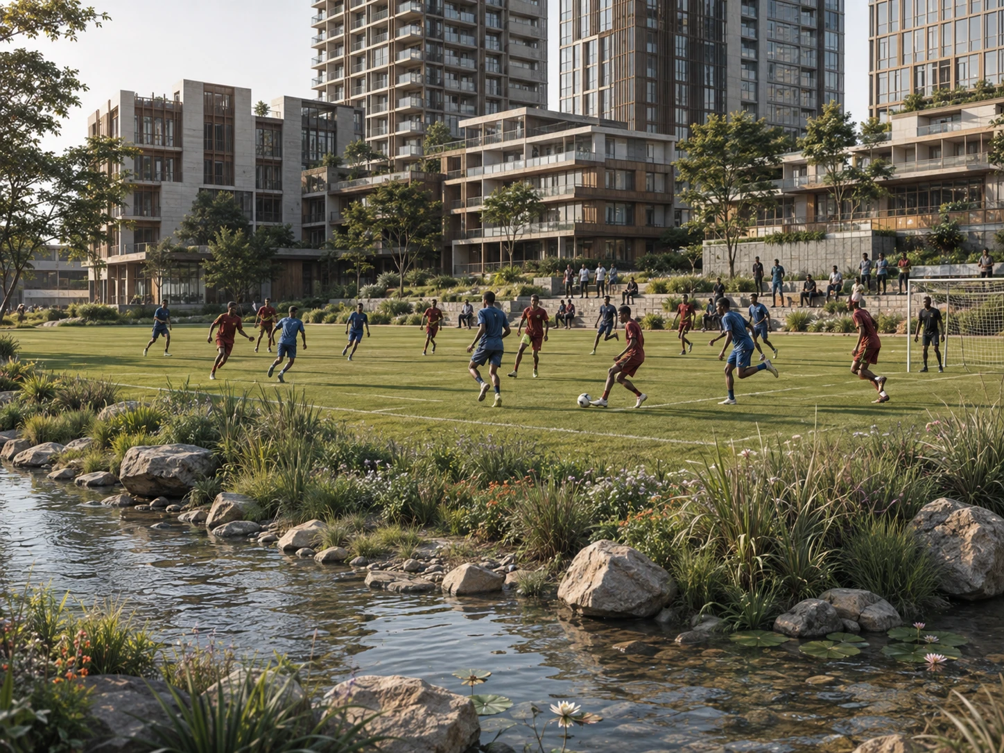 People playing football on a lawn beside a landscaped waterway and residential buildings