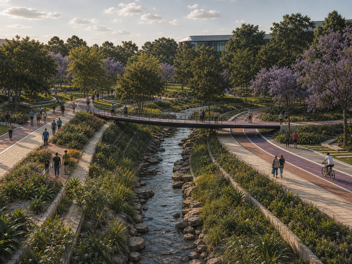 A landscaped waterway with walking paths and a footbridge in Park City