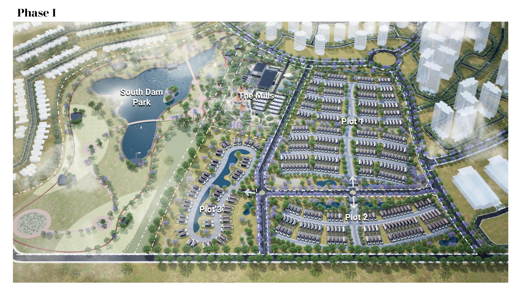 Phase One aerial showing the three residential plots, The Mills and South Dam Park