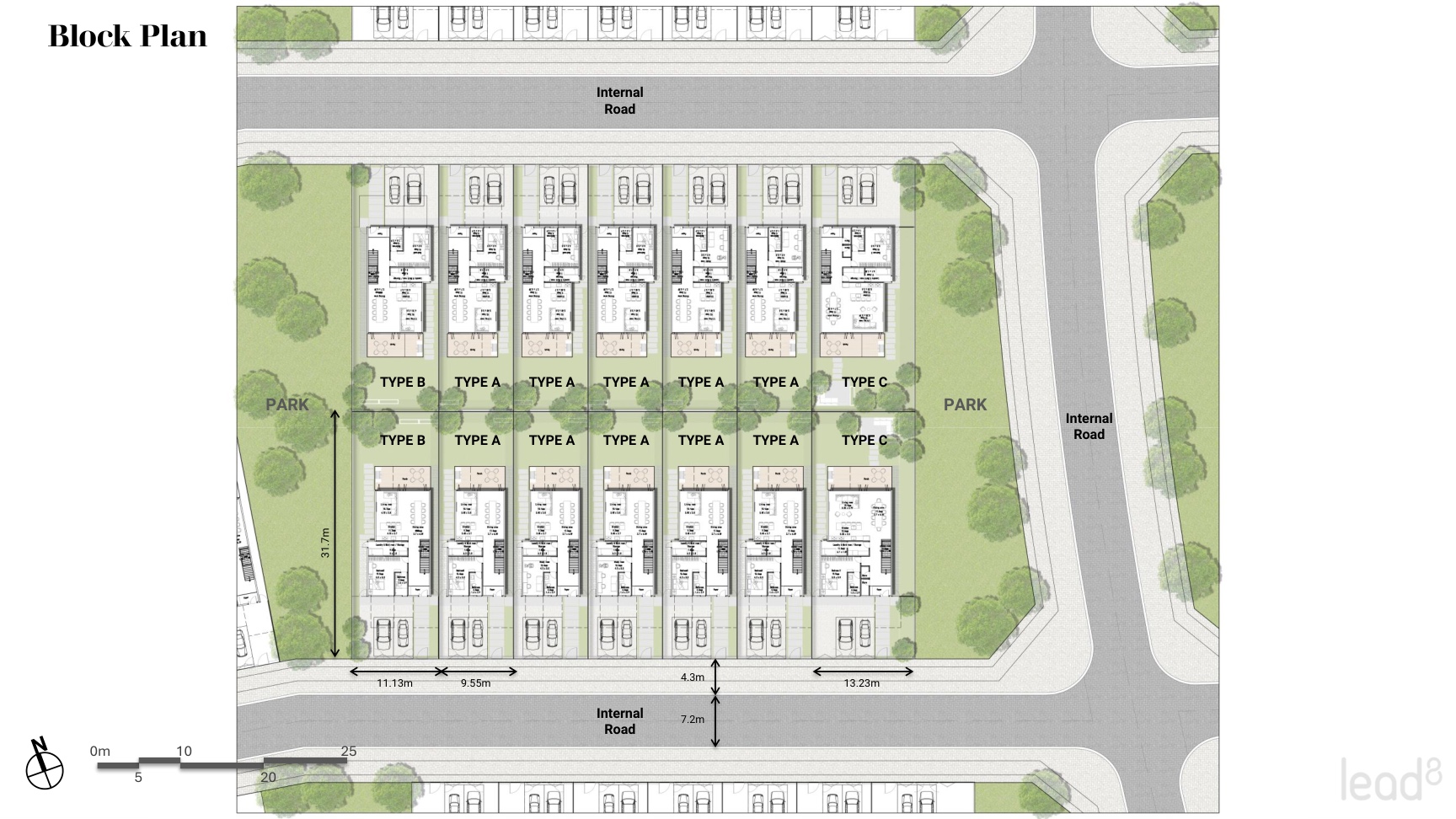 Townhouse block plan showing the arrangement of Types A, B and C