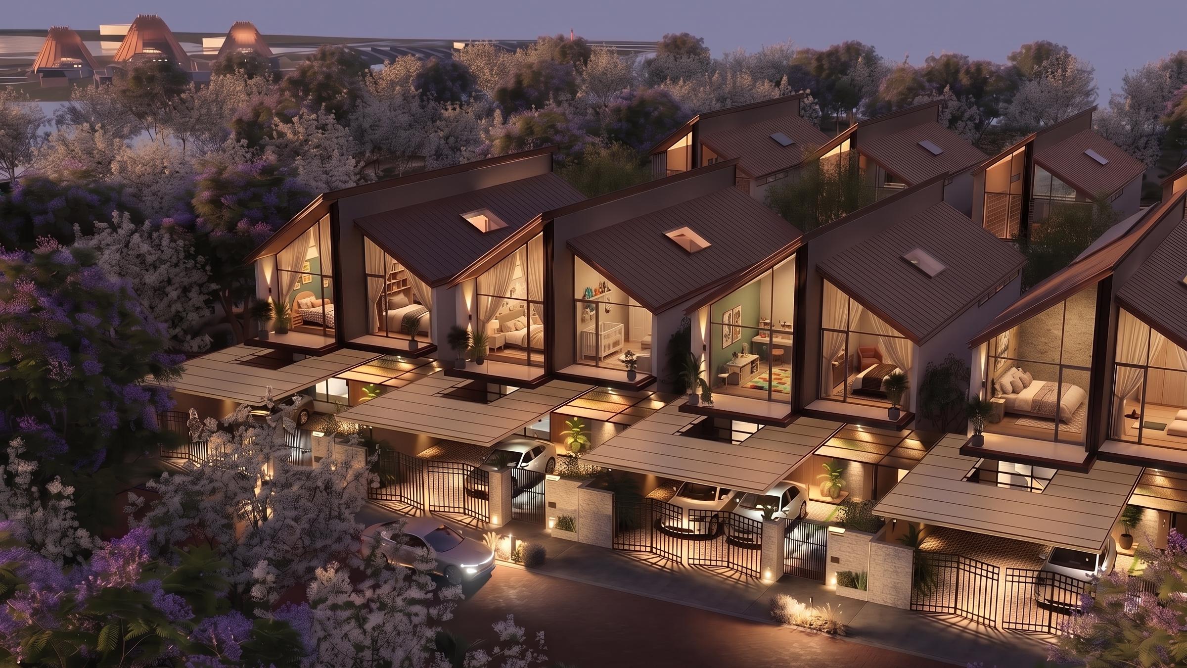 Evening concept view of the townhouse neighbourhood