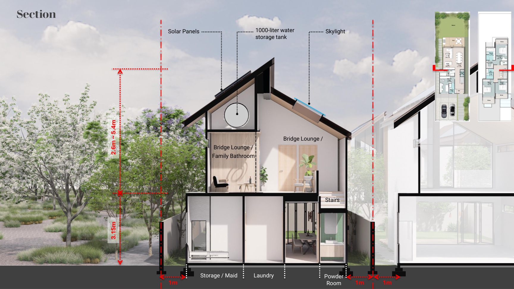 Cross section showing the pitched roof, skylight, stairs and upper-level spaces