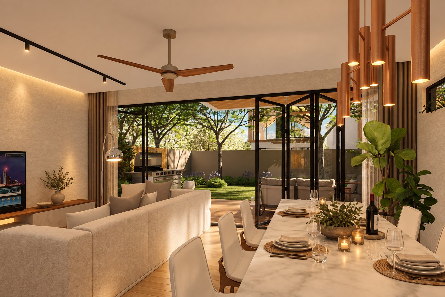 Living and dining space opening towards the garden